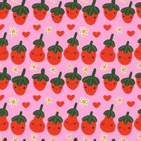 seamless pattern with strawberry and flowers. Trendy summer background with hand drawn strawberry, flowers. vector