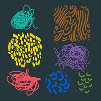 Illustration of multi colored doodle blocks and hand-drawn spots on a dark background. vector