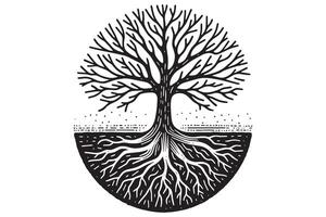 Organic Tree with Roots Hand Sketched Linocut vector