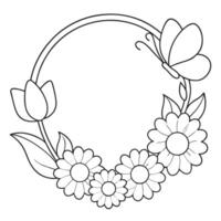 Circular Floral Frame with Butterfly and Tulips for Coloring Pages vector