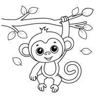 AdoAdorable Cartoon Monkey Hanging on Tree Branch, Coloring Page vector