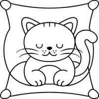Adorable Cartoon Cat Sleeping Peacefully on a Pillow, Line Art Illustration vector