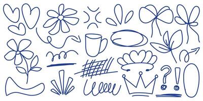 Hand-drawn of blue ballpen line art doodle creative of crowns, flowers, bows, abstract scribble, circle, question mark and more. vector