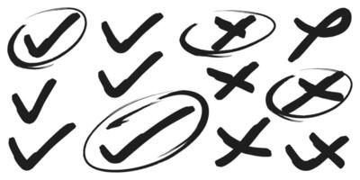 Bold check marks and crosses icons set. vector