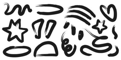 Abstract grunge brush stroke elements, star, heart shaped, waving line and circle. vector