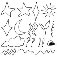 Hand-drawn line doodle object of celestial bodies and symbols, star, cloud, sun, lightning, and more. vector