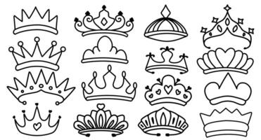Set of crowns with minimalist line hand-drawn for king and queen. vector