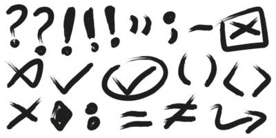 Hand-drawn of punctuation marks and symbols include question mark, exclamation mark, quotation mark, comma and check mark. vector