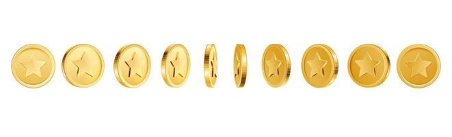 Game coins turn around. Gold coin in various position, gambling, casino award and money concept elements. Sprite sheet with golden coin rotate. Animation set vector