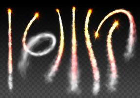 Missile launch fire. Realistic space rocket launch trails, steam flow. Jet aircraft smoky tracks, plane engine cloud trace. isolated set vector