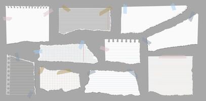 Note paper with adhesive tape. Moodboard blank torn paper pieces on sticky tape, notebook scraps with ripped edges for scrapbooks and moodboards. isolated set vector