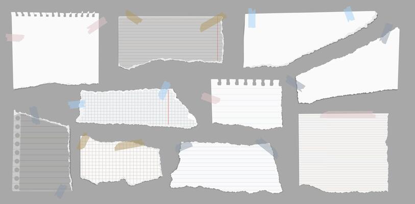 Note paper with adhesive tape. Moodboard blank torn paper pieces on sticky tape, notebook scraps with ripped edges for scrapbooks and moodboards. isolated set