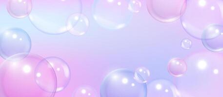 Pink soap bubbles. Realistic sud glossy 3D rainbow bubbles, shampoo and detergent foam spheres. abstract background for cosmetics collagen or serum production concept vector