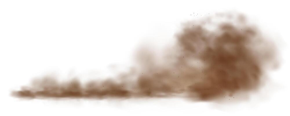 Sand cloud. Dust cloud, desert sandstorm, brown powder spray, smoke cloud with particles flying in wind, dirty ground spread. texture on transparent background