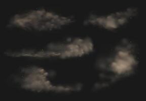 Smoky dust. Realistic white smoke and sand cloud with particles, desert sandstorm or dust trails, car exhaust gases. Air pollution elements. isolated set vector