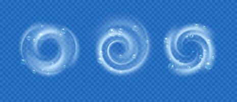 Water flow swirl with air bubbles. Spiral foam with soap bubbles and detergent blue vortex, refresh cleaning and washing concept. isolated set vector