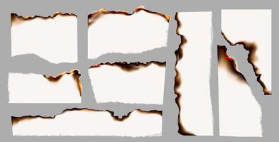 Burning paper. Realistic burning torn paper pieces with fire flame, white paper sheets with charred burnt edges, black ash and fire. Scorched and smoldering frame. set vector