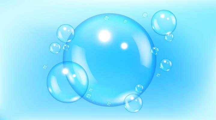 Blue water bubbles. Realistic aqua 3D glossy transparent bubbles. abstract banner for shampoo, moisturizer skin care cosmetics and detergent advertising