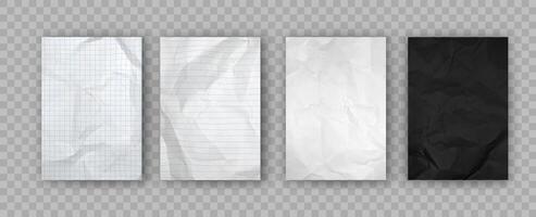 Crumpled notebook papers. Crumpled paper texture for flyers and posters. Black, white and notebook sheet with checks and lines. Blank page templates isolated. Realistic 3d set vector