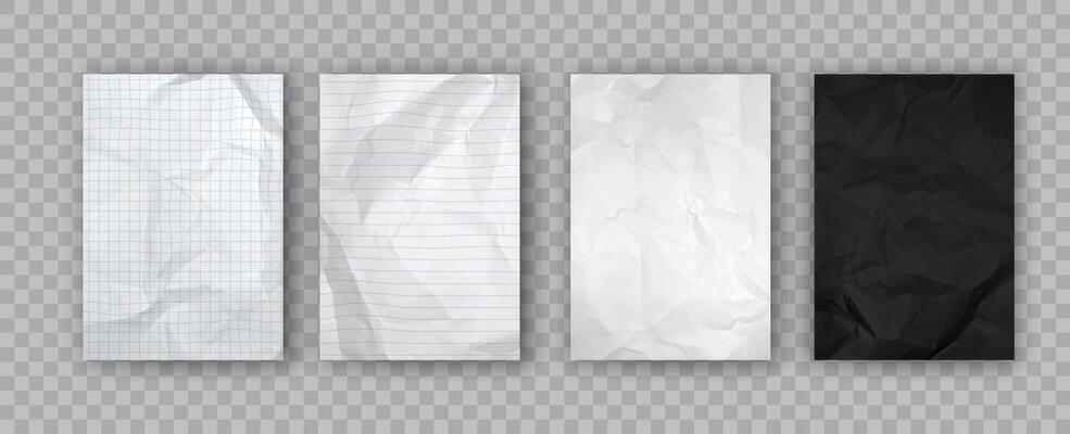 Crumpled notebook papers. Crumpled paper texture for flyers and posters. Black, white and notebook sheet with checks and lines. Blank page templates isolated. Realistic 3d set