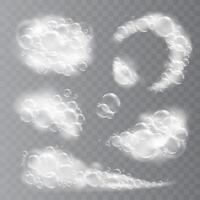 Realistic soap foam. Soapy water bath foam with shampoo lather bubbles, foaming liquid texture. 3d washing or cleaning suds, detergent or shower gel. isolated set vector