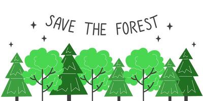 Forest of Evergreen and Broadleaf Trees with Save the Forest Lettering. Flat Illustration for Environmental Conservation and Earth Day. vector
