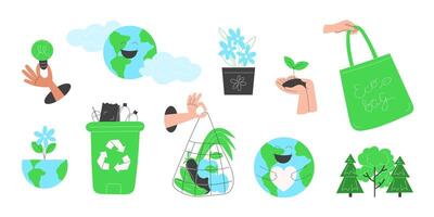 Flat Style Eco Elements Collection. Sustainable Resource Protection and Smart Consumption Icons for Earth Day and Environmental Awareness. vector