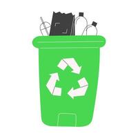 Plastic and paper recycling bin. Waste sorting and eco-friendly reuse. Flat illustration on white background vector