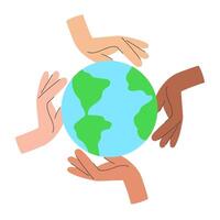 Diverse group of people with different skin tones reaching out to touch the planet Earth in unity and care. Concept of global connection, environmental protection. vector