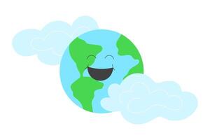 Smiling Planet Earth Surrounded by Clouds. Cute Flat Illustration for Earth Day Celebration. vector