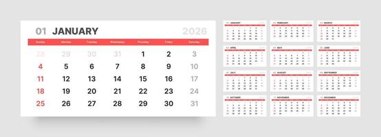 Monthly calendar layout for 2026 year. Quarterly calendar for 2026 year. Week Starts on Sunday. vector