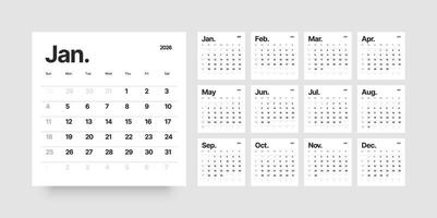 Monthly calendar layout for 2026 year. Planner Square diary for 2026 year. Week Starts on Sunday. vector