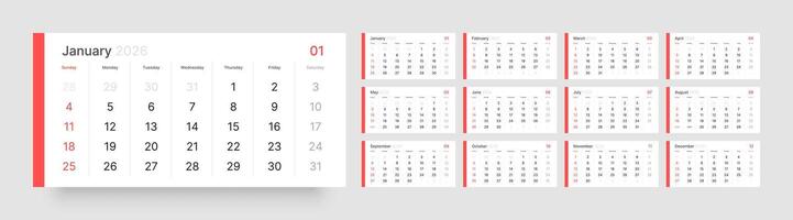 Monthly calendar layout for 2026 year. Quarterly calendar for 2026 year. Week Starts on Sunday. Calendar Set for 2026 year. vector