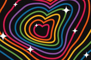 Hypnotic heart shaped tunnel, y2k background. Rainbow colors on black backdrop. Retro psychedelic lovely design in 70s style vector