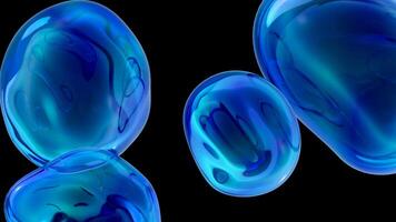 Fluid and vibrant blue bubbles float and change shape against a dark backdrop, creating a mesmerizing abstract animation that captivates the viewer's attention video