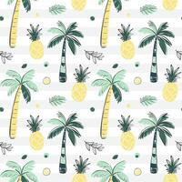 Seamless pattern with palm trees, pineapple. Sketch, line art drawing style. Doodle tropical backckgrounds. vector