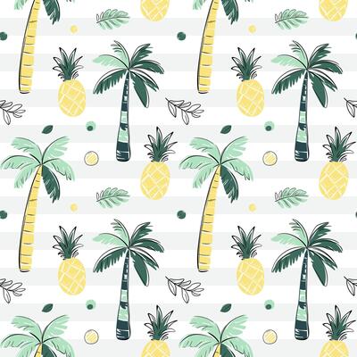 Seamless pattern with palm trees, pineapple. Sketch, line art drawing style. Doodle tropical backckgrounds.