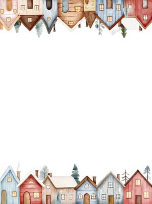 Winter frame with cute houses. European houses border with place for text. Watercolor scandinavian houses, template.