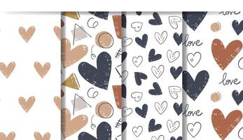 Doodle backgrounds with cute hearts. Set of patterns with simple geometric shapes and hand drawn hearts. Love seamless pattern. vector