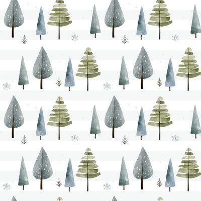 Cute watercolor trees. Winter seamless pattern with snowy trees. Christmas pattern. Wintertime backgrounds.