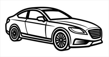 A black and white outline drawing of a modern coupe-style car. The car is positioned in a three-quarter view, facing slightly to the viewer's right. vector
