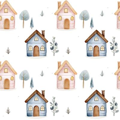 Home seamless pattern. Background with hand drawn houses. Cute watercolor houses. Fairy baby print