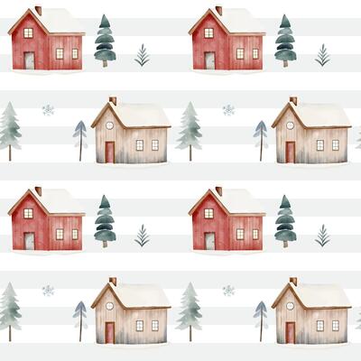 Background with hand drawn houses. Cute watercolor houses and trees. Winter home seamless pattern. Baby print