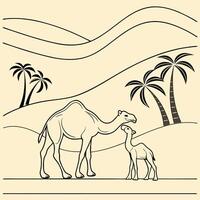 Minimalist Desert Landscape with Camel and Baby Walking by Palm Trees in Black Line Art on Beige Background for Clean Nature Design vector
