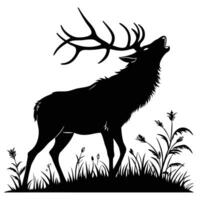 Elegant Elk Silhouette Black and White Profile View of Bugling Stag with Wildflowers and Grass in Rustic Landscape vector