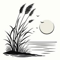 Black and White Minimal Lake Scene with Reeds and Moonlit Sky Reflected in Water Tranquil Nature Inspired Line Artwork vector