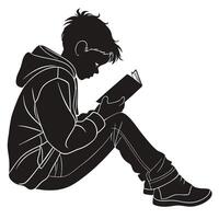 Minimalist Black Silhouette of a Boy Sitting Calmly on the Ground Capturing Solitude vector