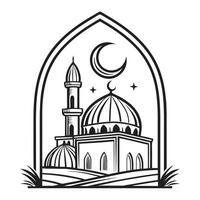Black and White Mosque Architecture with Detailed Domes and Minarets Crescent Moon and Geometric Patterns for Islamic Design vector