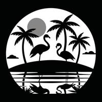 Flamingo Silhouette with Tropical Island and Palm Trees Paradise Art vector