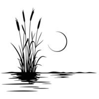 Black and White Lake Scene with Cattails Reeds and Crescent Moon Minimalist Silhouette Illustration of Tranquil Evening Nature vector